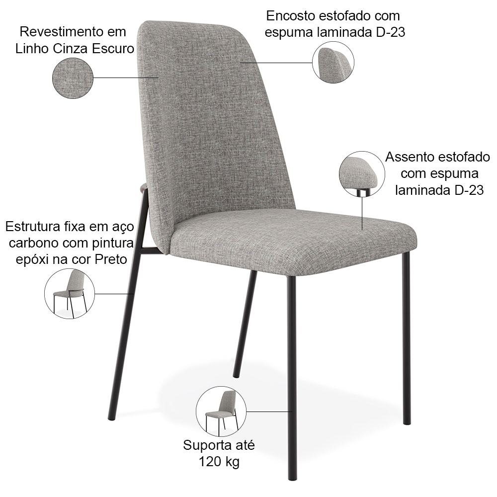 Kit 08 Cadeiras Decorativa Estofada Para Sala De Jantar Bella L02 Linho Cinza Escuro - Lyam Decor