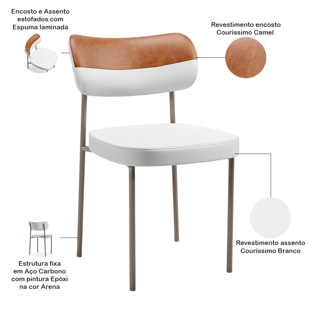 Kit 08 Cadeiras Decorativa Para Sala De Jantar Melina Base Arena L02 Faixa Couríssimo Camel Facto Branco - Lyam Decor
