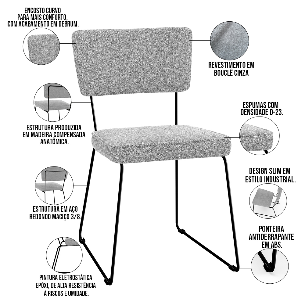 Kit 08 Cadeiras Decorativas Estofada Base De Aço Allana L02 Bouclê Cinza - Lyam Decor