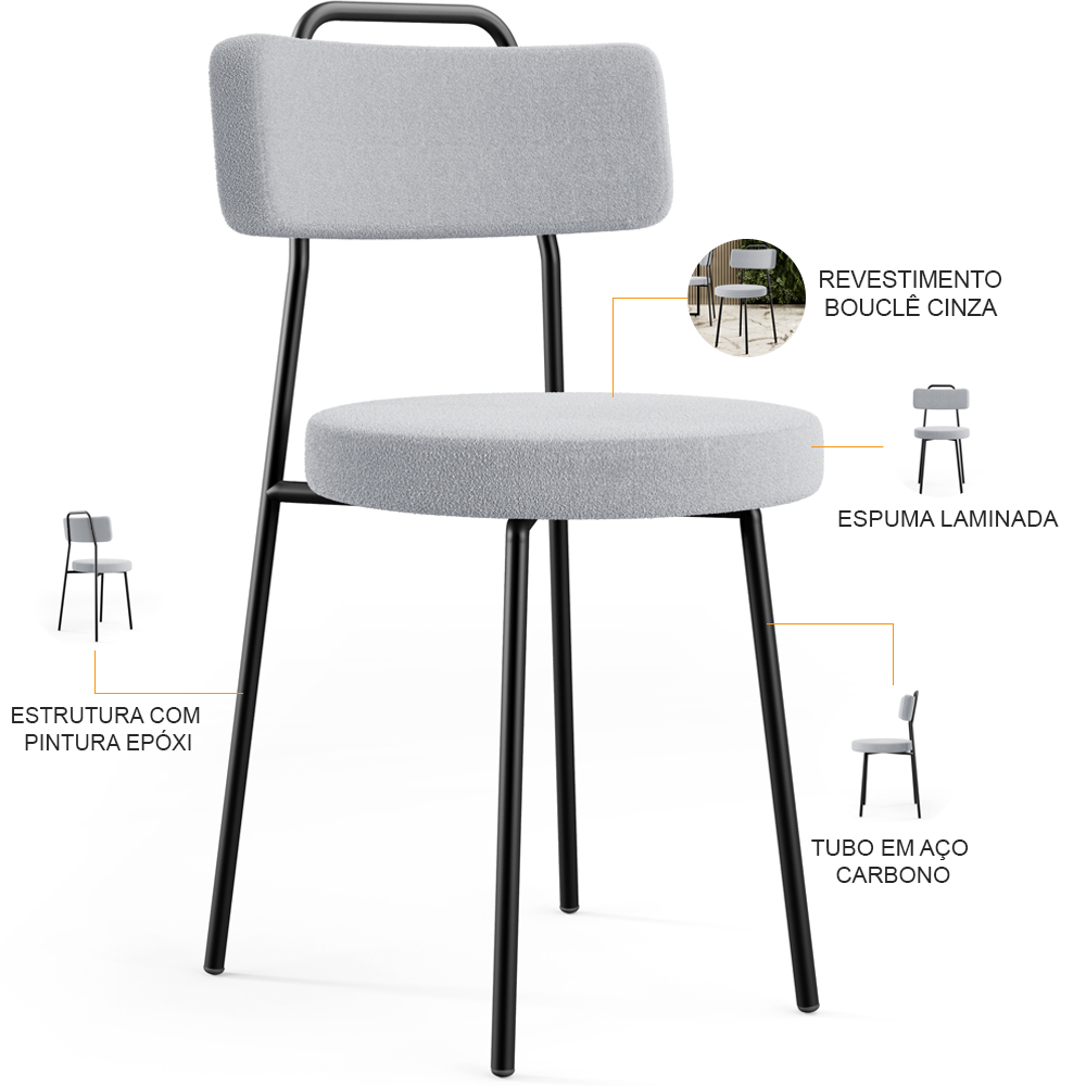 Kit 08 Cadeiras Decorativas Estofada Para Sala De Jantar Barcelona L02 Bouclê Cinza - Lyam Decor