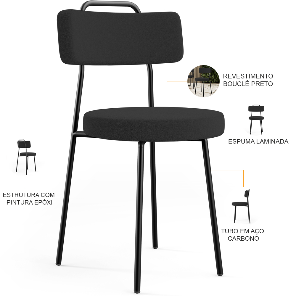 Kit 08 Cadeiras Decorativas Estofada Para Sala De Jantar Barcelona L02 Bouclê Preto - Lyam Decor