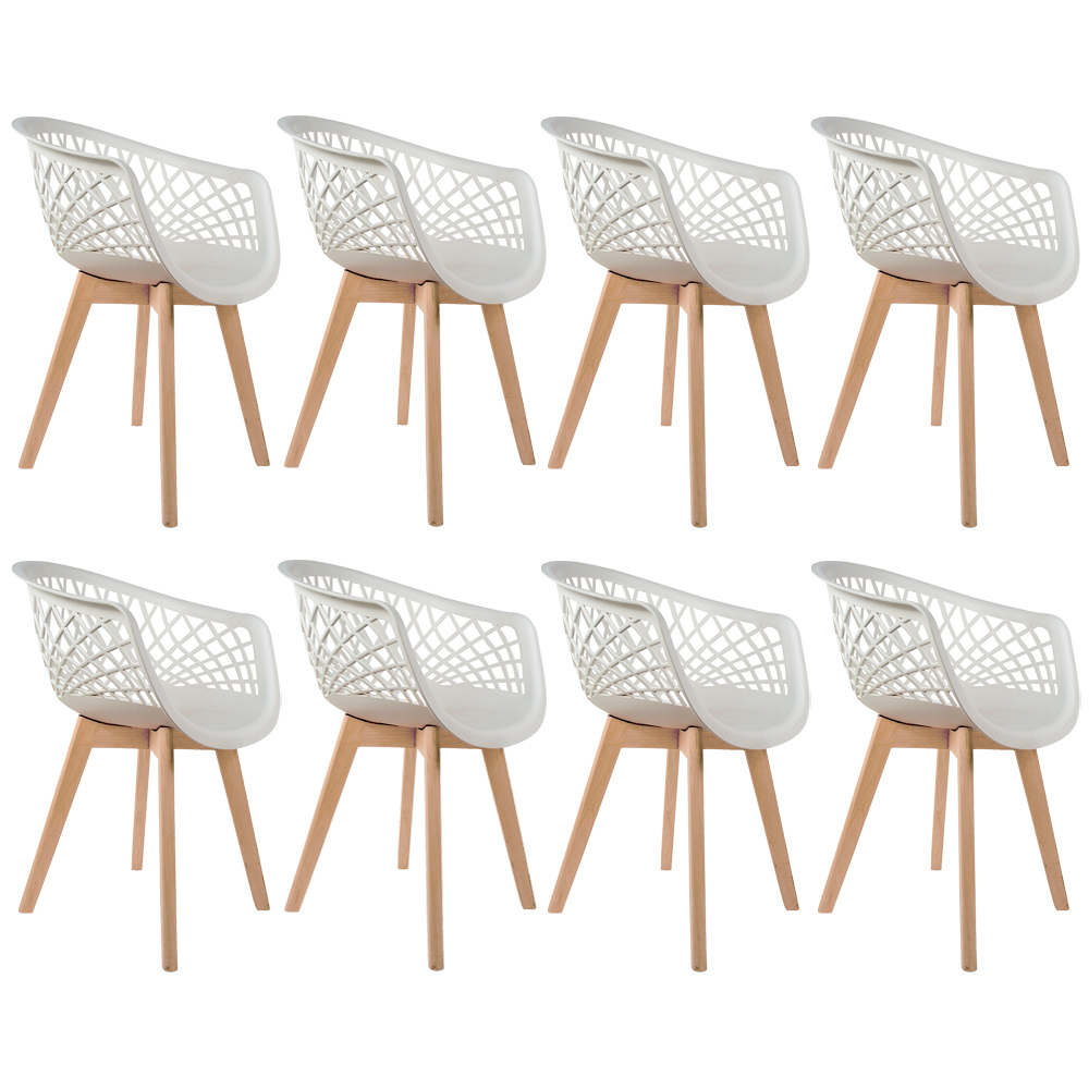 Kit 08 Cadeiras Decorativas Para Sala de Jantar Madri Com Base de Madeira E01 Branco - Lyam Decor