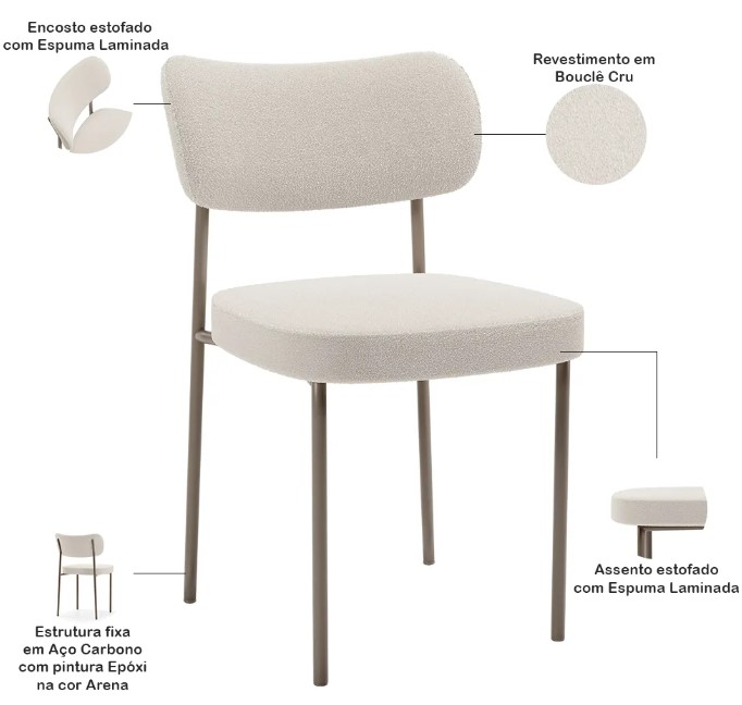 Kit 08 Cadeiras Estofadas Para Sala De Jantar Melina Base Arena L02 Bouclê Cru - Lyam Decor