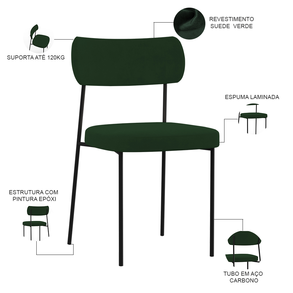 Kit 08 Cadeiras Estofadas Para Sala De Jantar Melina L02 Suede Verde Musgo - Lyam Decor
