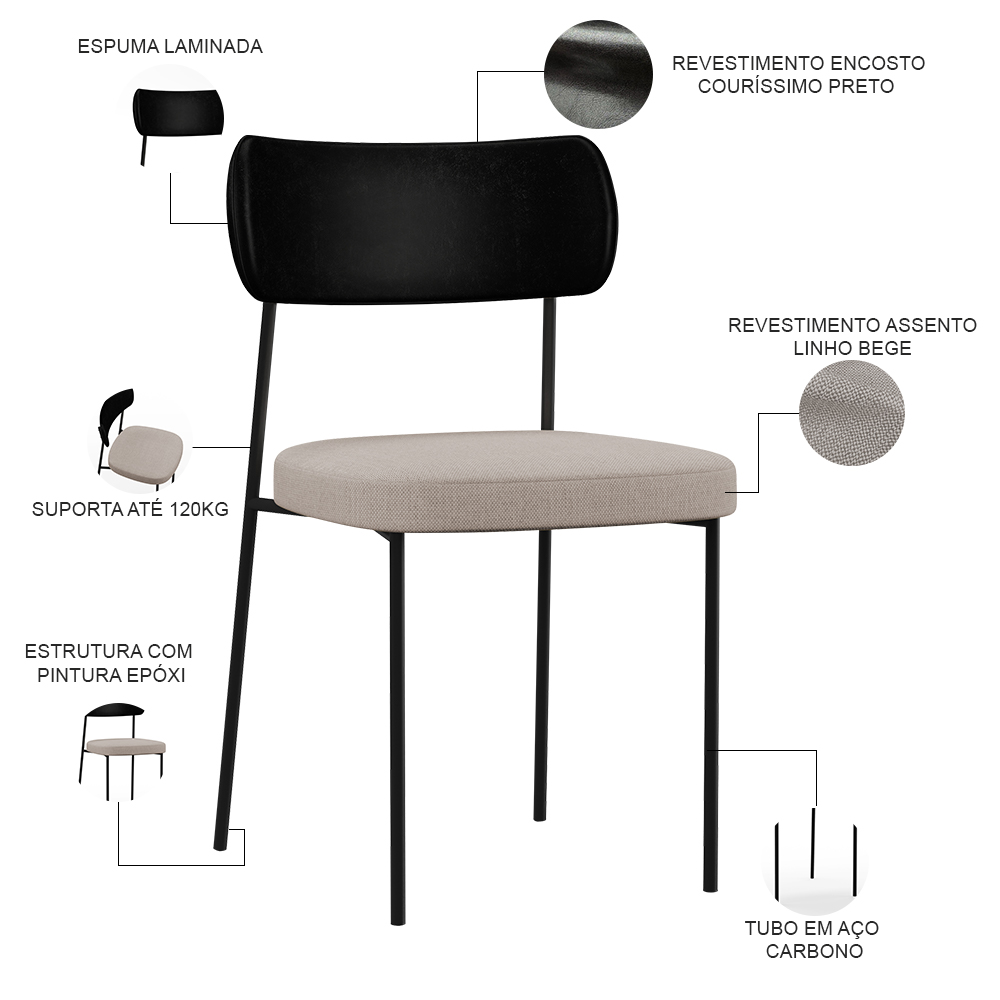 Kit 08 Cadeiras Para Sala De Jantar Melina L02 Couríssimo Preto Linho Bege - Lyam Decor