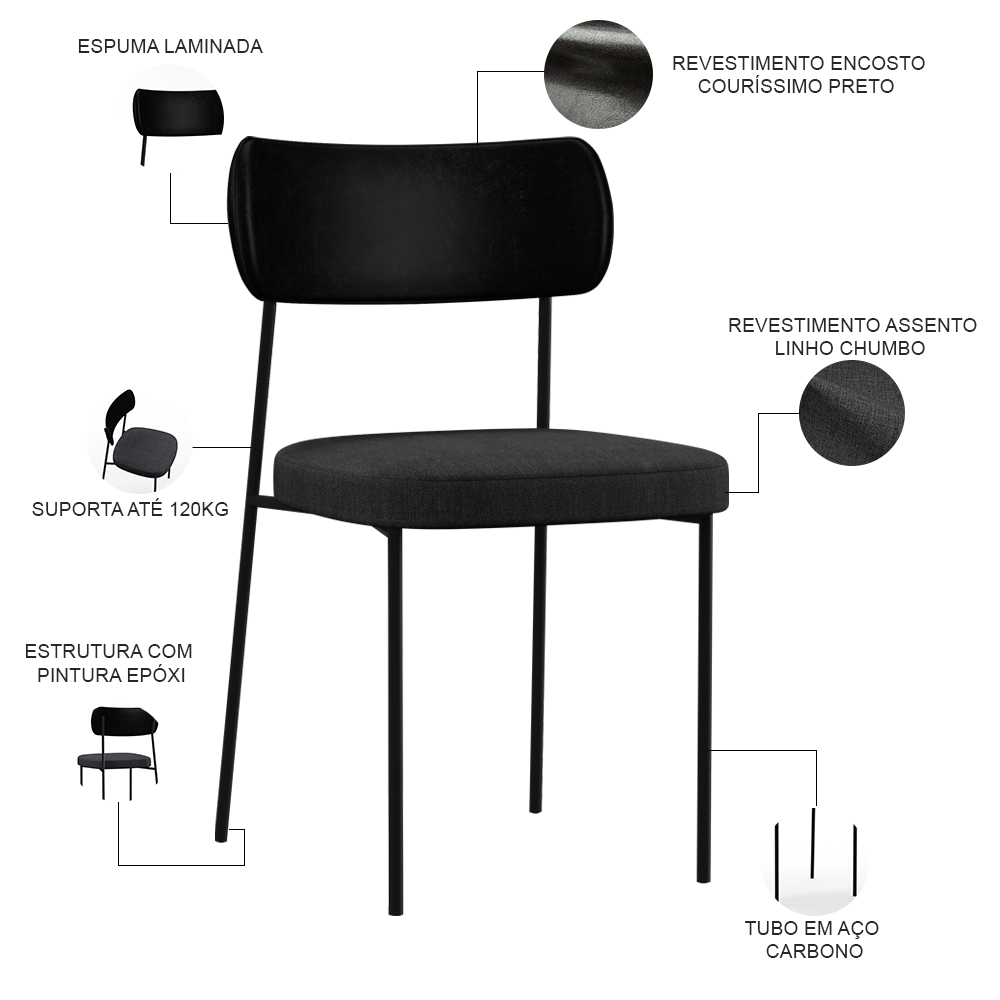 Kit 08 Cadeiras Para Sala De Jantar Melina L02 Couríssimo Preto Linho Chumbo - Lyam Decor