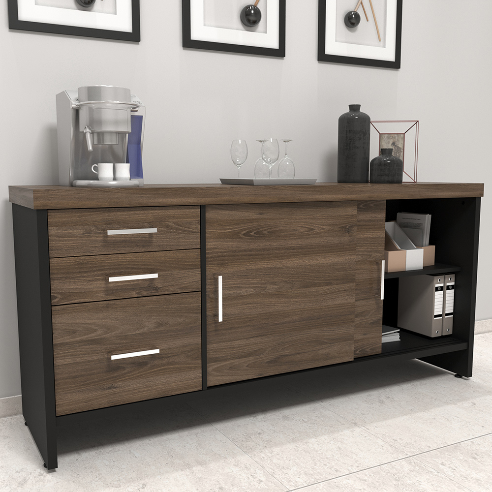 Kit 2 Balcões Multiuso Escritório 2 Portas 3 Gavetas Atria Executiva A02 Charuto Preto - Lyam Decor