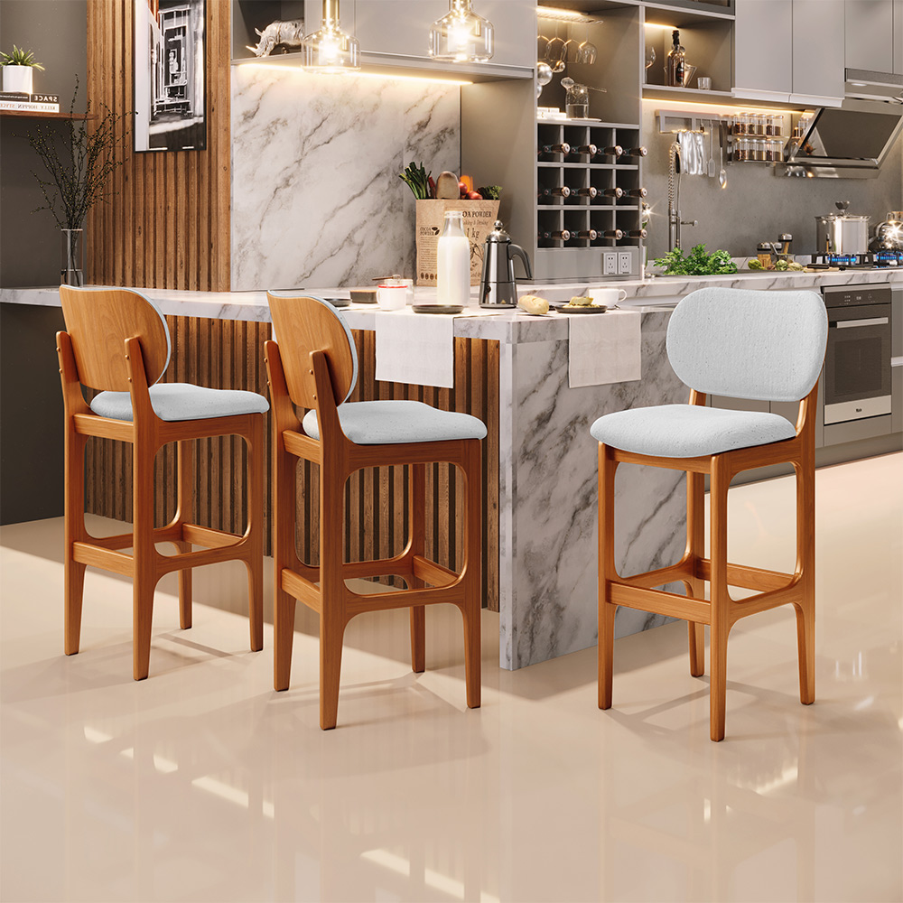 Kit 2 Banquetas Alta Bar Cozinha Sala Jantar Fixa Betta L02 Imbuia Linho Cinza - Lyam Decor