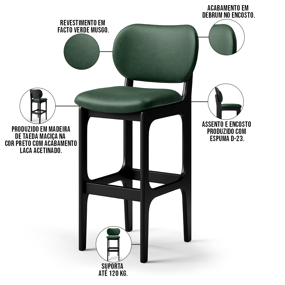 Kit 2 Banquetas Alta Bar Cozinha Sala Jantar Fixa Betta L02 Preto Facto Verde Musgo - Lyam Decor