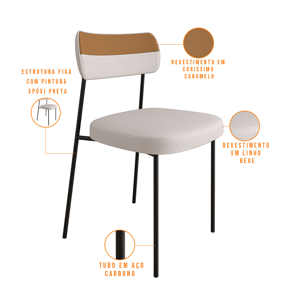 Kit 2 Cadeira Decorativa Estofada Sala Jantar Melina L02 Linho Cru Couríssimo Caramelo - Lyam Decor