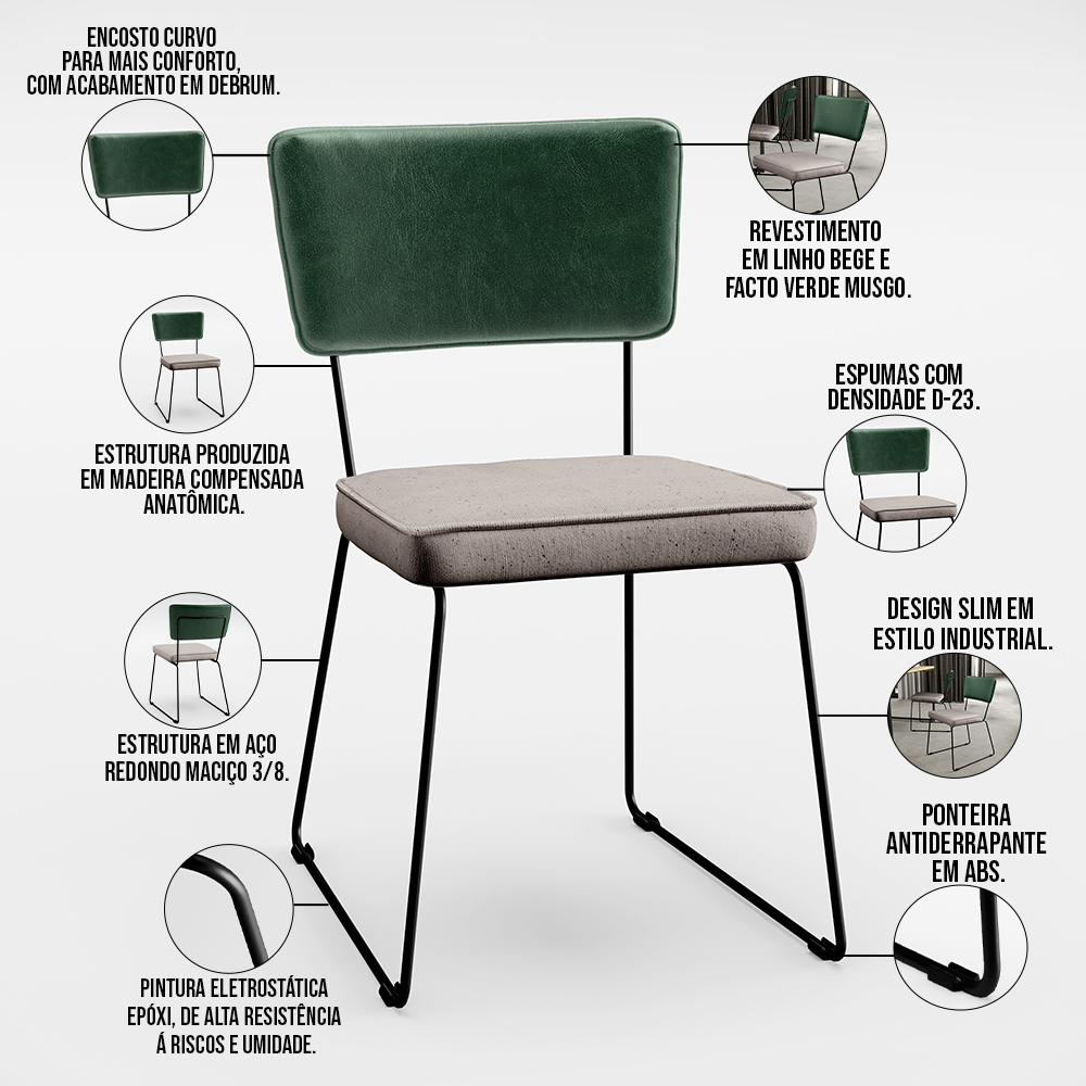 Kit 2 Cadeiras Decorativas Estofada Sala Jantar Allana L02 Facto Verde Musgo Linho Bege - Lyam Decor