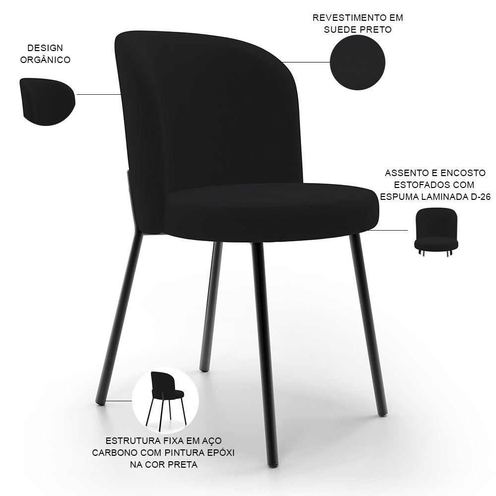 Kit 2 Cadeiras Sala de Jantar Estofada Gavi L02 Suede Preto - Lyam Decor