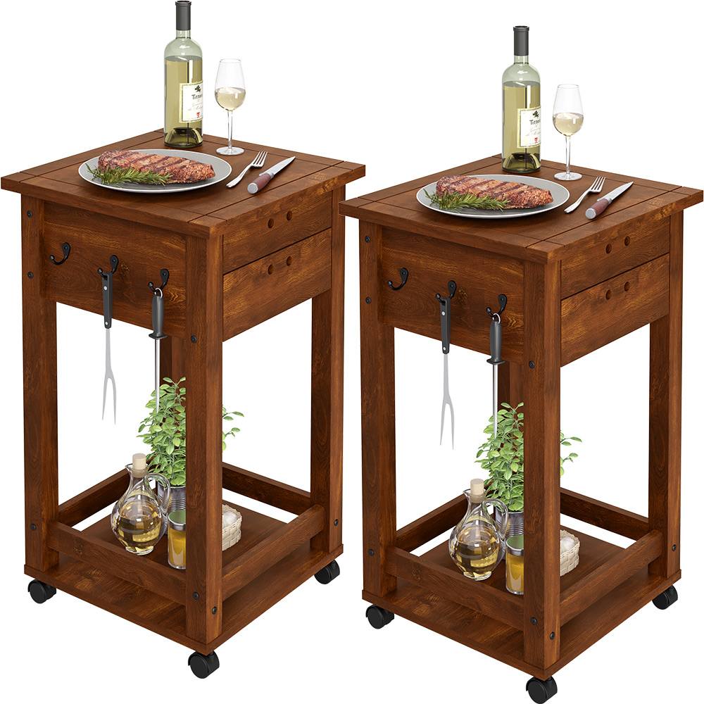 Kit 2 Carrinho Churrasco 2 Gavetas Churrasqueira 90x50 New W02 Madeira Maciça Imbuia - Lyam Decor