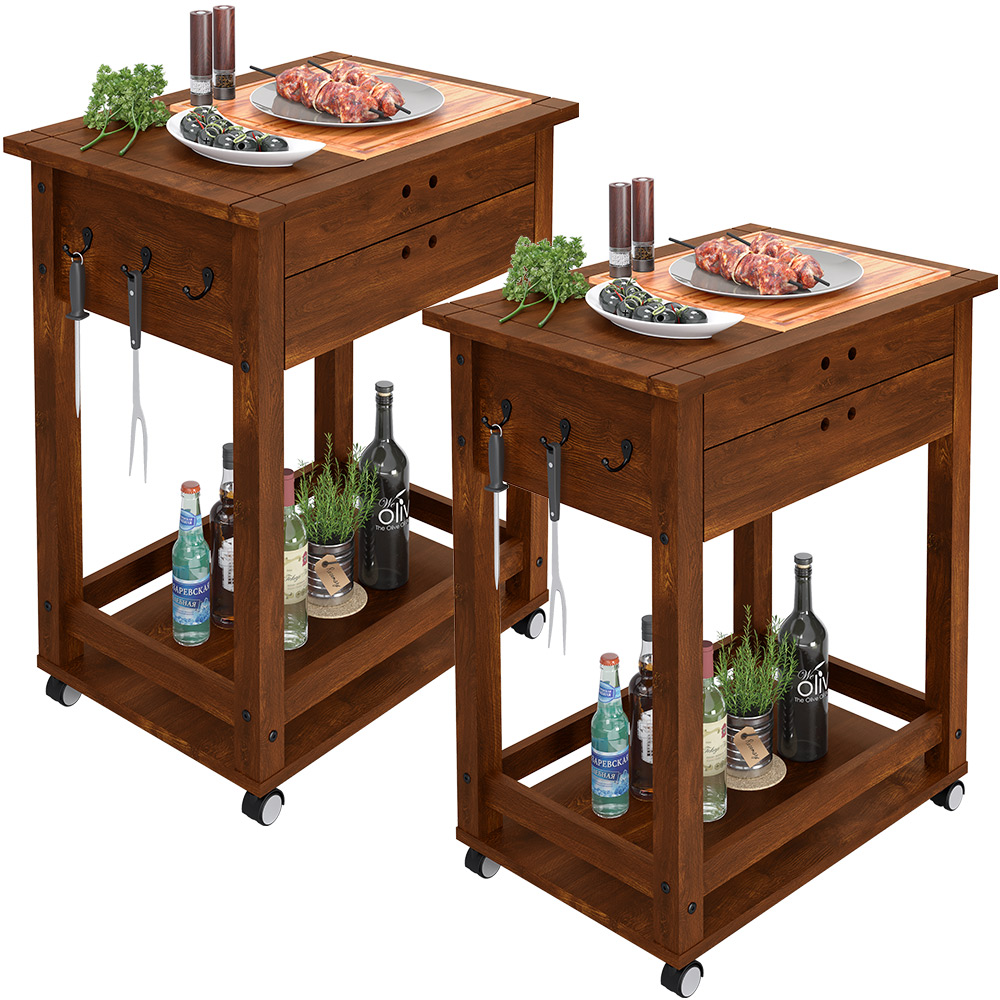 Kit 2 Carrinho Churrasco 2 Gavetas Mesa Tábua De Corte New W02 Madeira Maciça Imbuia - Lyam Decor