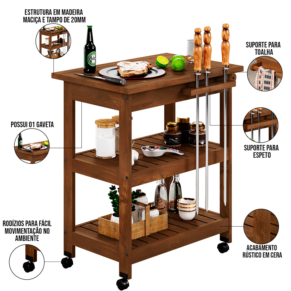 Kit 2 Carrinho Churrasco Com Grade Mesa Churrasqueira Home W02 Madeira Maciça Imbuia - Lyam Decor