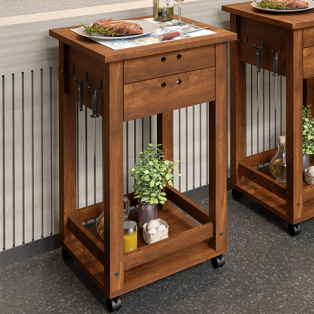 Kit 2 Carrinho De Churrasco 2 Gavetas Mesa 90x50 Cerâmica New W02 Madeira Maciça Imbuia - Lyam Decor