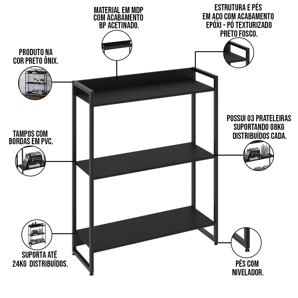 Kit 2 Estantes Multiuso Escritório Industrial 3 Prateleiras Areta 104x80cm C01 Onix - Lyam Decor