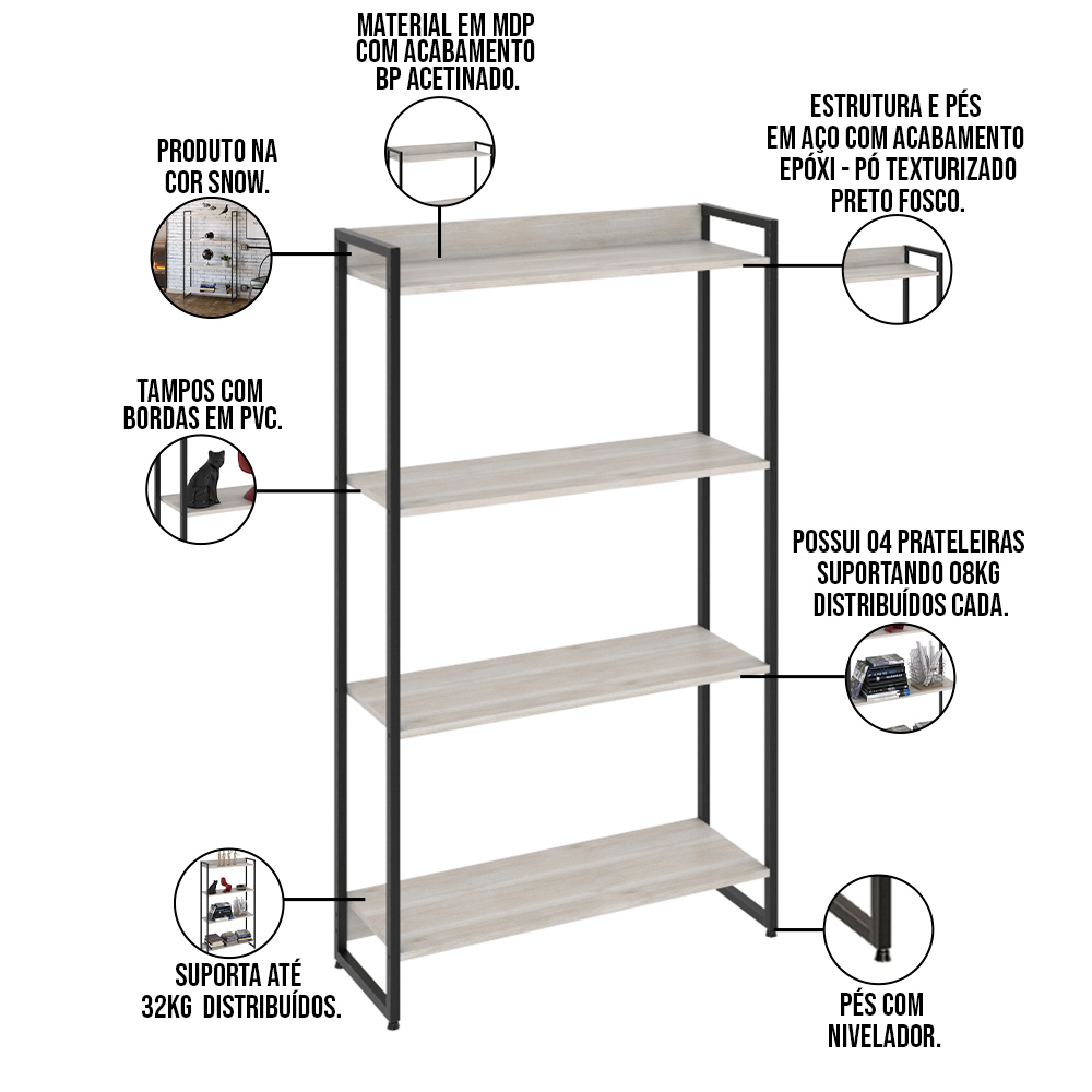 Kit 2 Estantes Multiuso Escritório Industrial 4 Prateleiras Areta 145x80cm C01 Snow - Lyam Decor