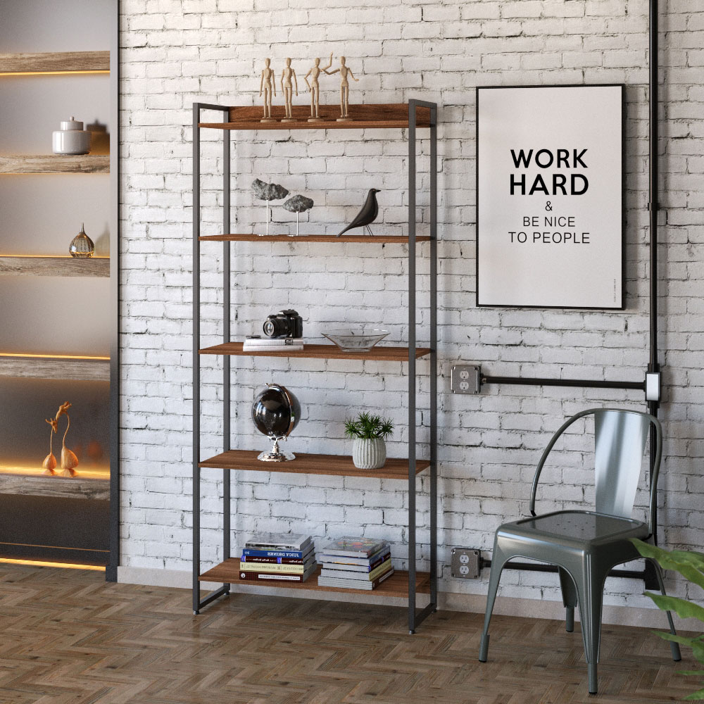 Kit 2 Estantes Multiuso Escritório Industrial 5 Prateleiras Areta 186x80cm C01 Nogal - Lyam Decor