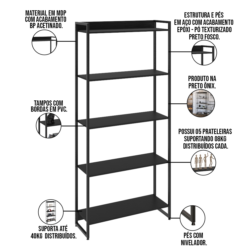 Kit 2 Estantes Multiuso Escritório Industrial 5 Prateleiras Areta 186x80cm C01 Onix - Lyam Decor