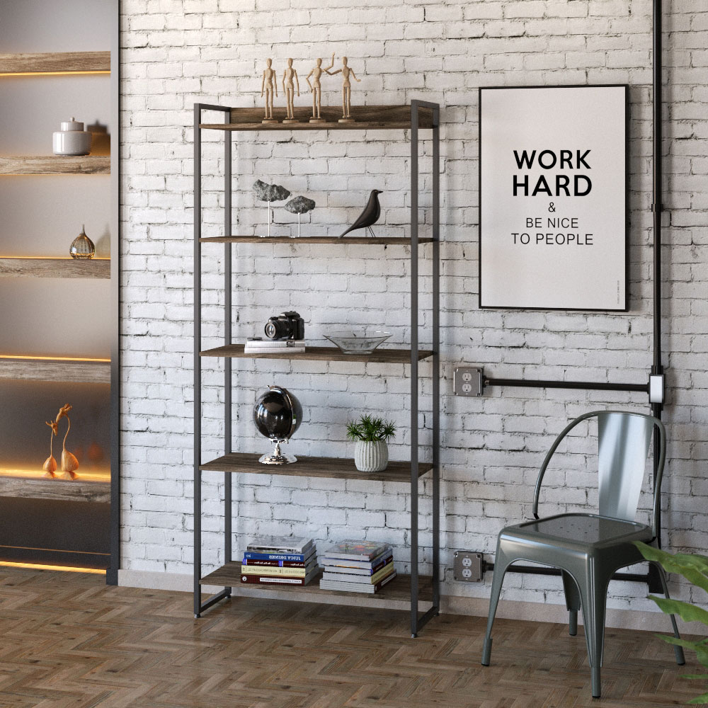 Kit 2 Estantes Multiuso Industrial 5 Prateleiras Areta 186x80cm C01 Carvalho Dark - Lyam Decor