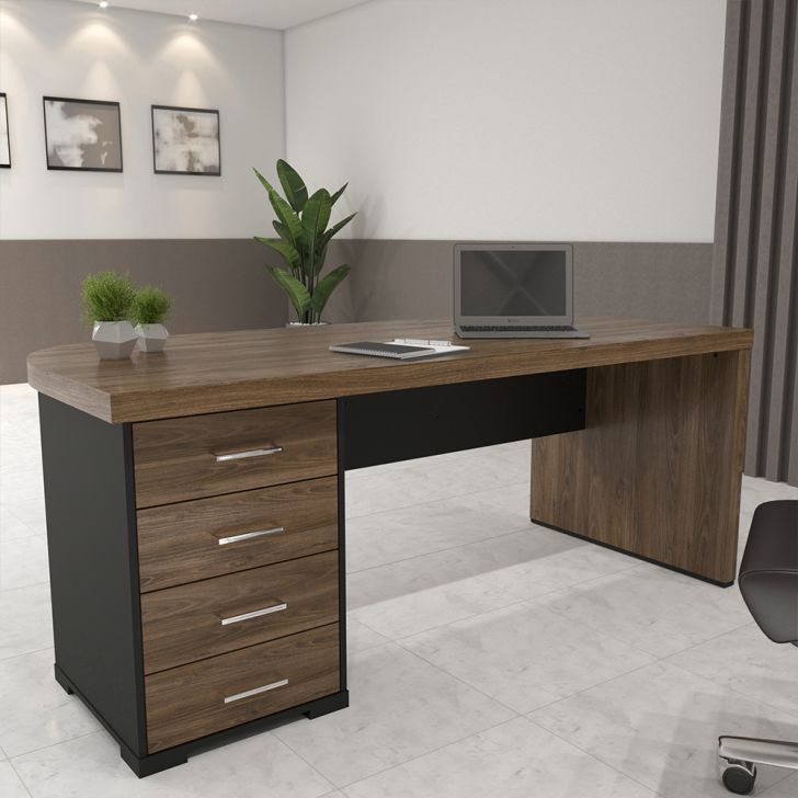 Mesa Escritório Home Office Diretor Em L Atria Executiva LD 200x180cm A02  Charuto Preto - Lyam Decor Mesas em L Lyam Decor Loja de Móveis e Decoração