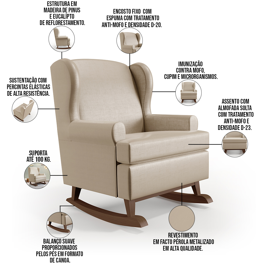 Kit 2 Poltronas Amamentação Com Balanço Malu Base Madeira P02 Facto Pérola Metalizado - Lyam Decor