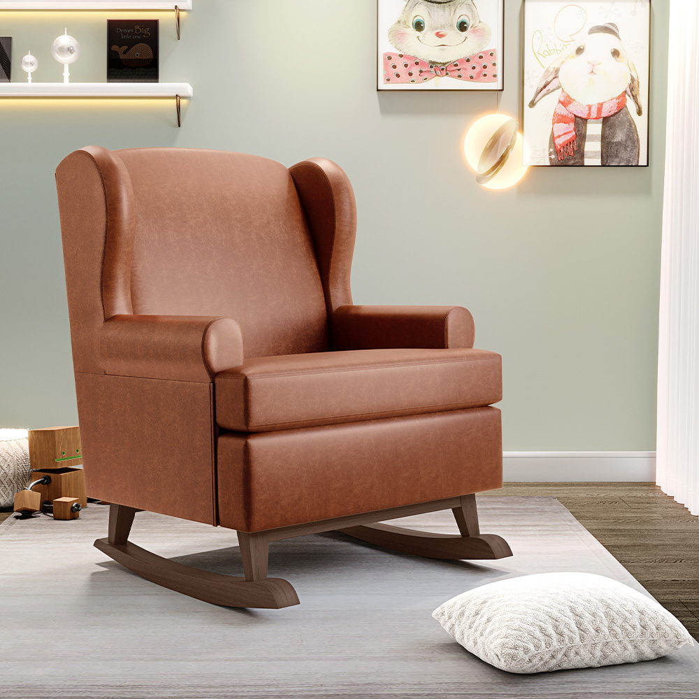 Kit 2 Poltronas De Amamentação Com Balanço Malu Base De Madeira P02 Couríssimo Camel - Lyam Decor