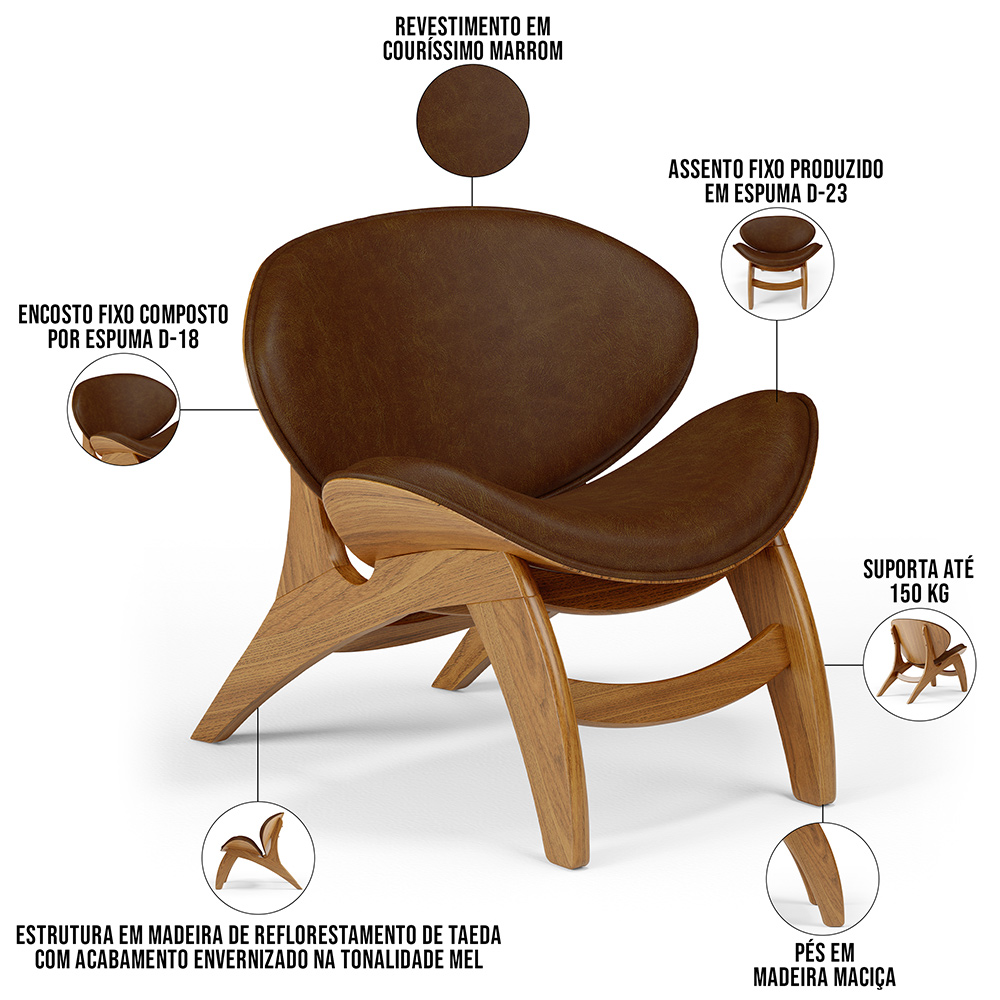 Kit 2 Poltronas Decorativa Orgânica Sala Living Kadosh L02 Couríssimo Marrom - Lyam Decor