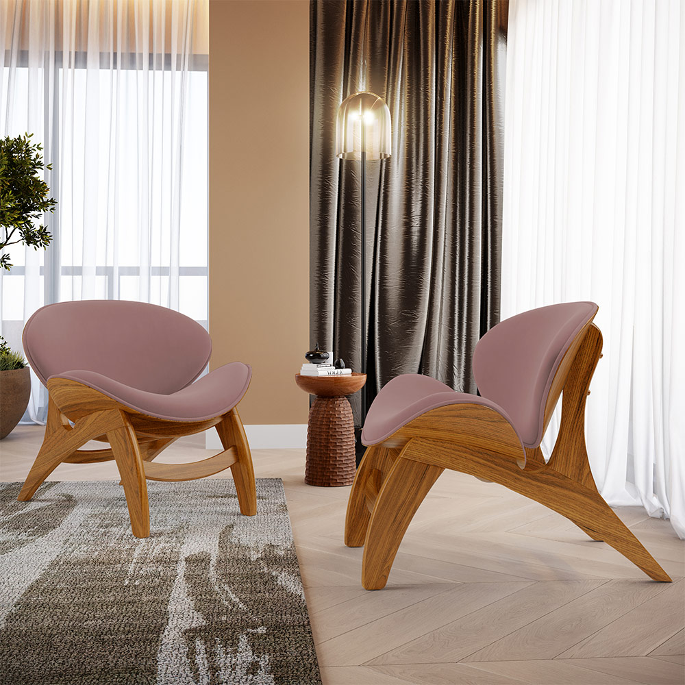 Kit 2 Poltronas Decorativa Orgânica Sala Living Kadosh L02 Suede Rosê - Lyam Decor