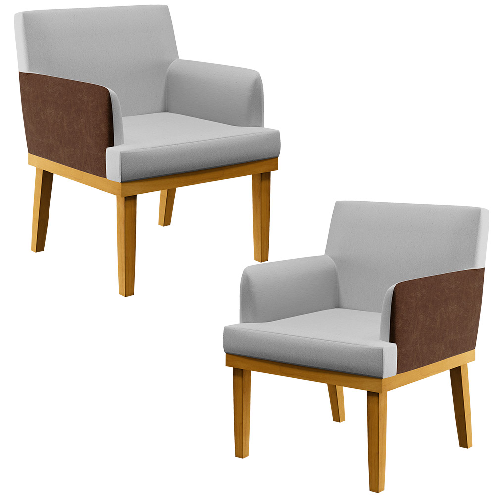 Kit 2 Poltronas Decorativa Para Sala De Estar Beatriz W01 Linho Cinza Couríssimo Marrom - Lyam Decor