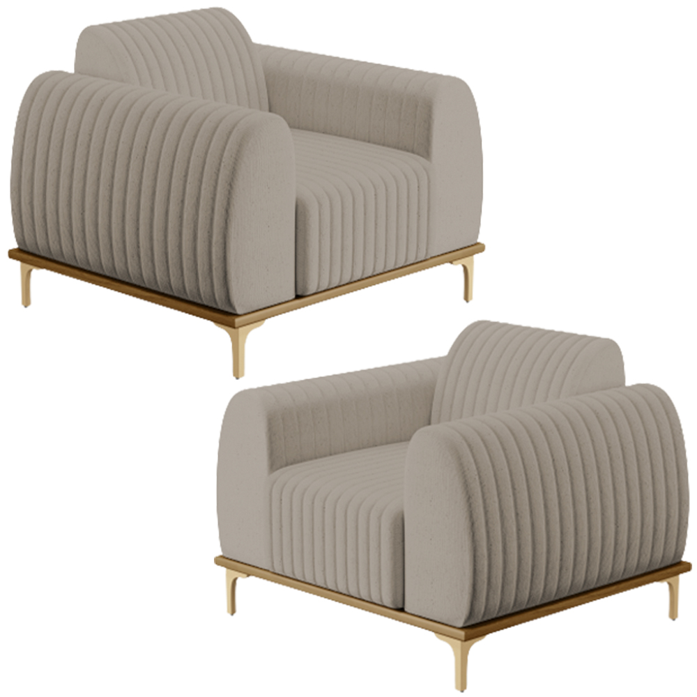 Kit 2 Poltronas Decorativas Base De Madeira Pés D'Ouro Molino D02 Linho Bege C-107 - Lyam Decor