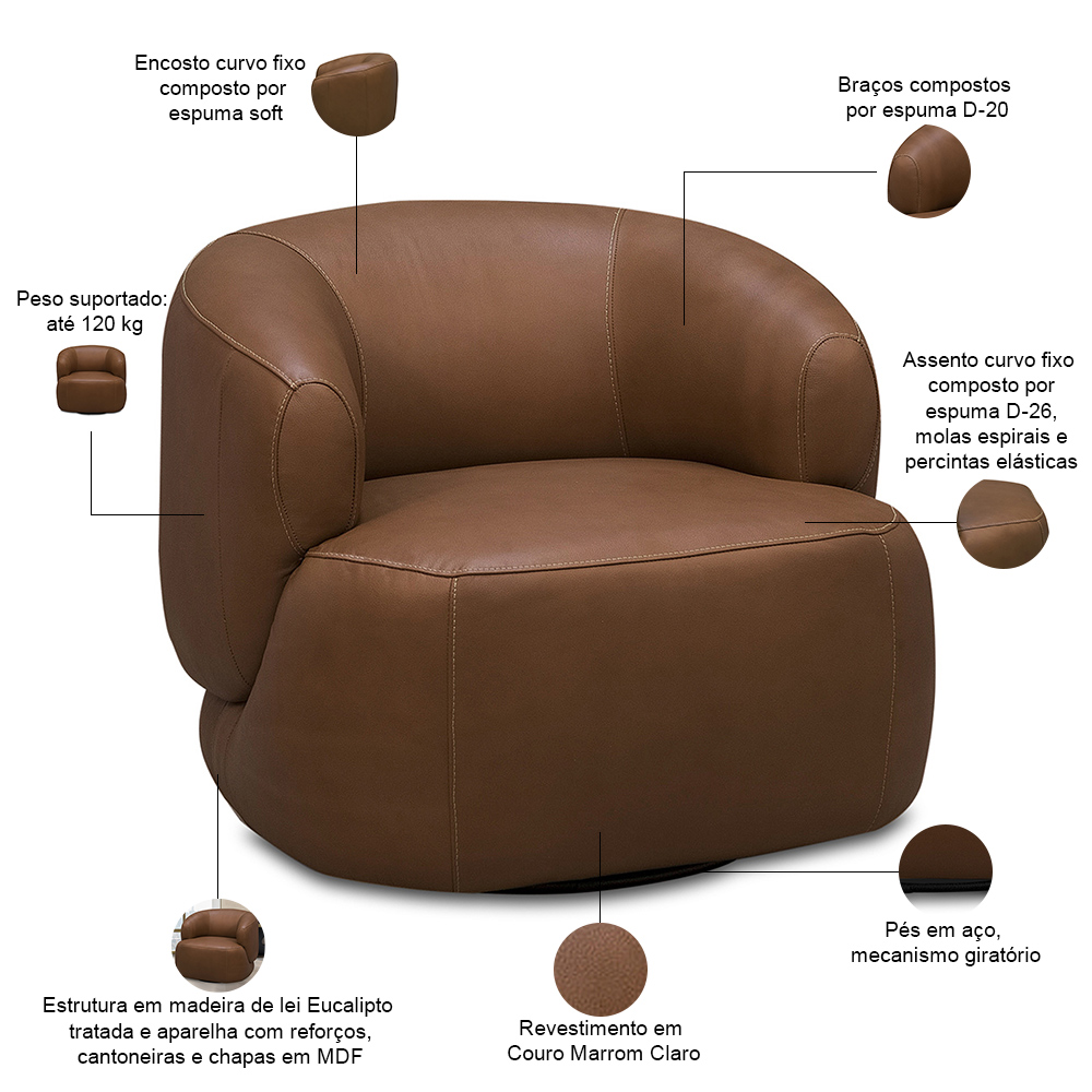 Kit 2 Poltronas Decorativas Giratória Orgânica Sala Living Begur L06 Couro Marrom Claro - Lyam Decor