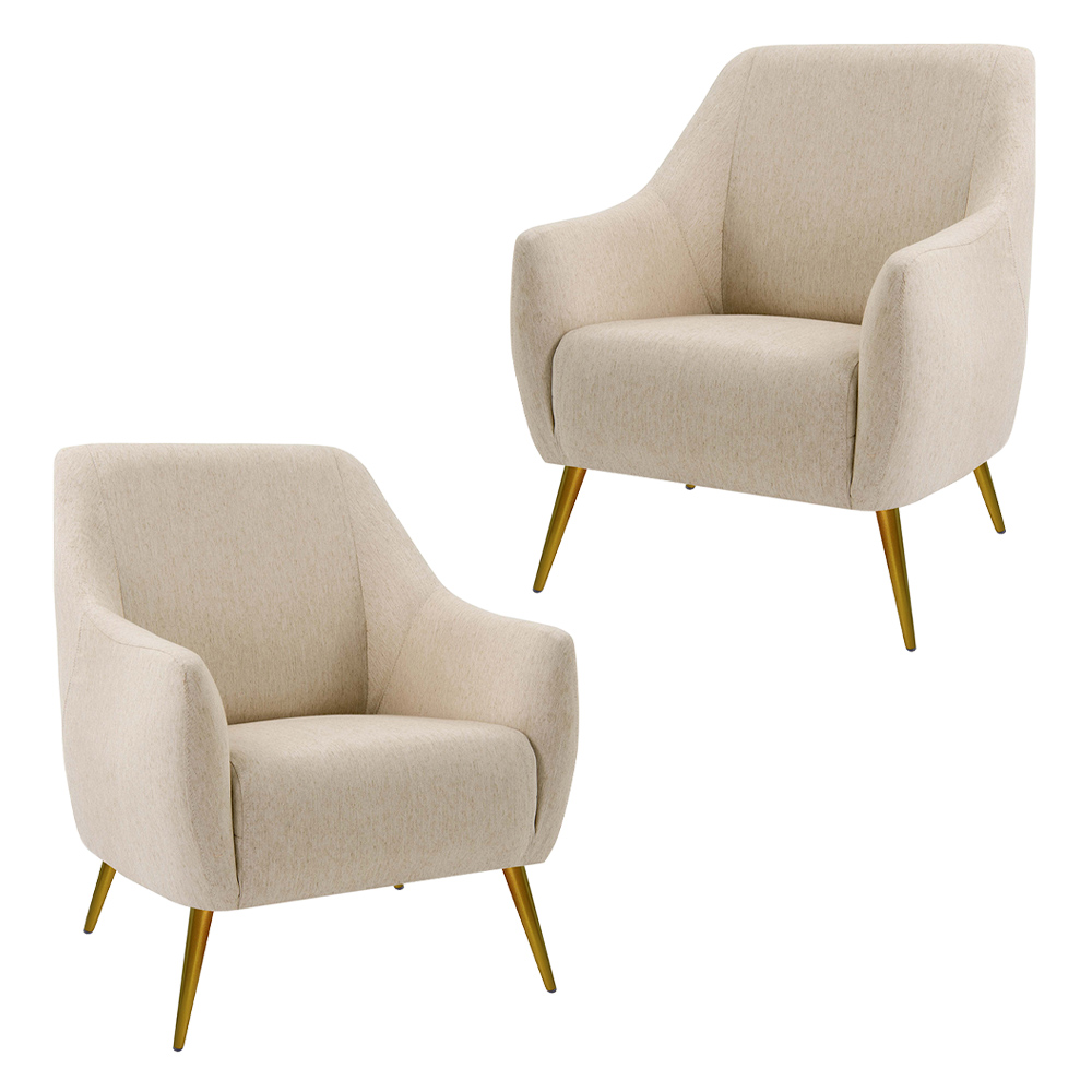 Kit 2 Poltronas Decorativas Para Sala Paloma Pés Palito New Bronze D02 Linho Bege C-129 - Lyam Decor
