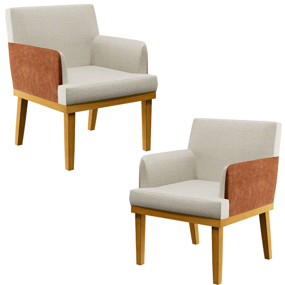 Kit 2 Poltronas Decorativas Sala De Estar Beatriz W01 Linho Champagne Couríssimo Camel - Lyam Decor