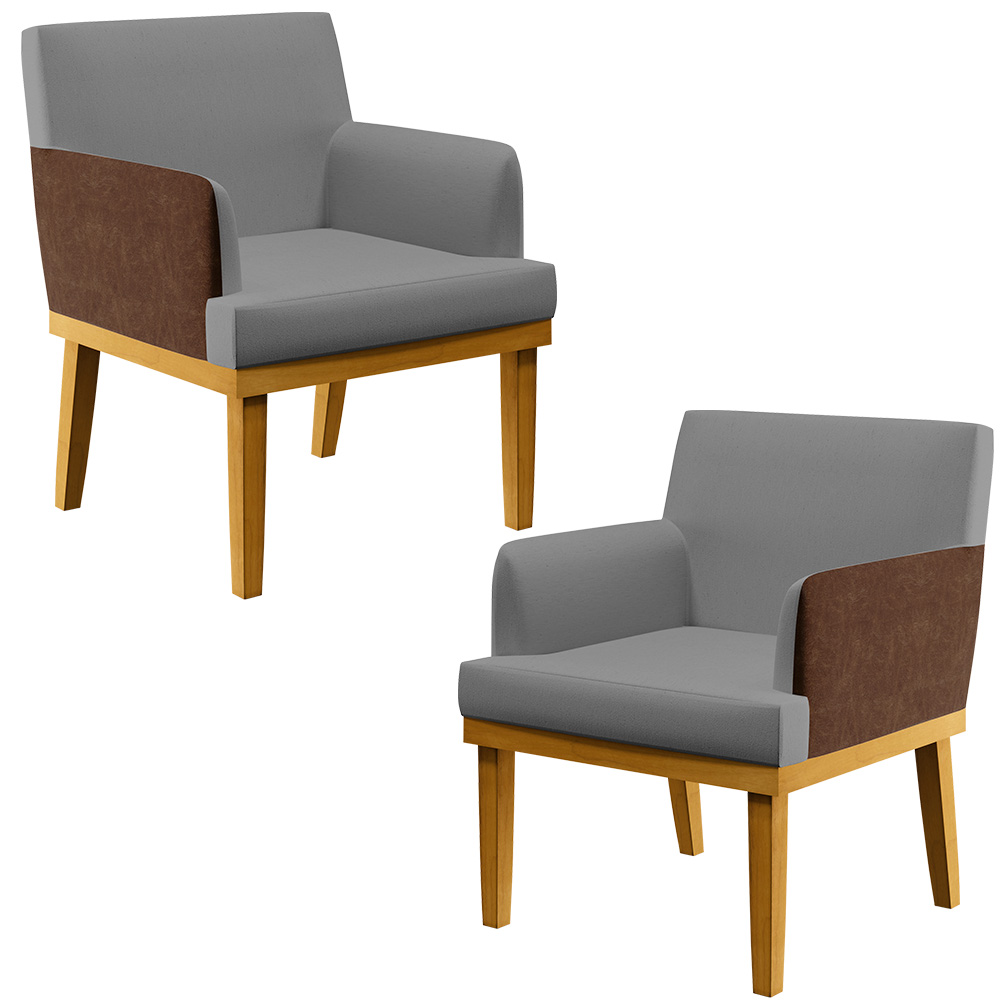 Kit 2 Poltronas Decorativas Sala Estar Beatriz W01 Linho Cinza Escuro Couríssimo Marrom - Lyam Decor