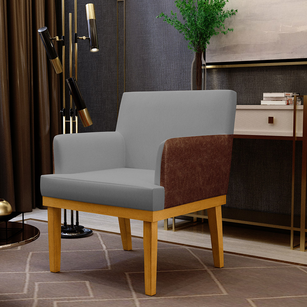 Kit 2 Poltronas Decorativas Sala Estar Beatriz W01 Linho Cinza Escuro Couríssimo Marrom - Lyam Decor