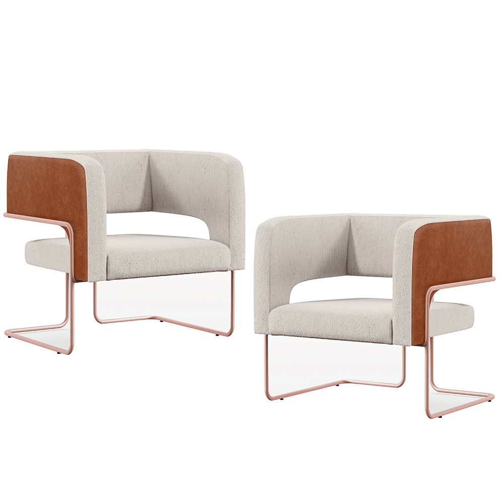 Kit 2 Poltronas Scarlett D02 Base Aço New Cobre Courissímo Camel B-14 Linho Cru C-443 - Lyam Decor
