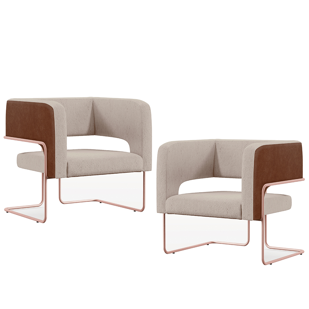 Kit 2 Poltronas Scarlett D02 Base Aço New Cobre Courissímo Marrom B-38 Linho Bege C-107 - Lyam Decor