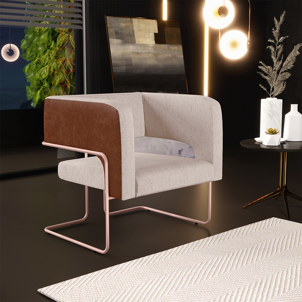 Kit 2 Poltronas Scarlett D02 Base Aço New Cobre Courissímo Marrom B-38 Linho Bege C-107 - Lyam Decor