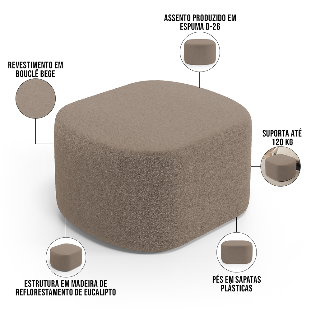 Kit 2 Puffs Decorativos Orgânico para Living Quarto 70cm Doha W01 Bouclê Bege - Lyam Decor