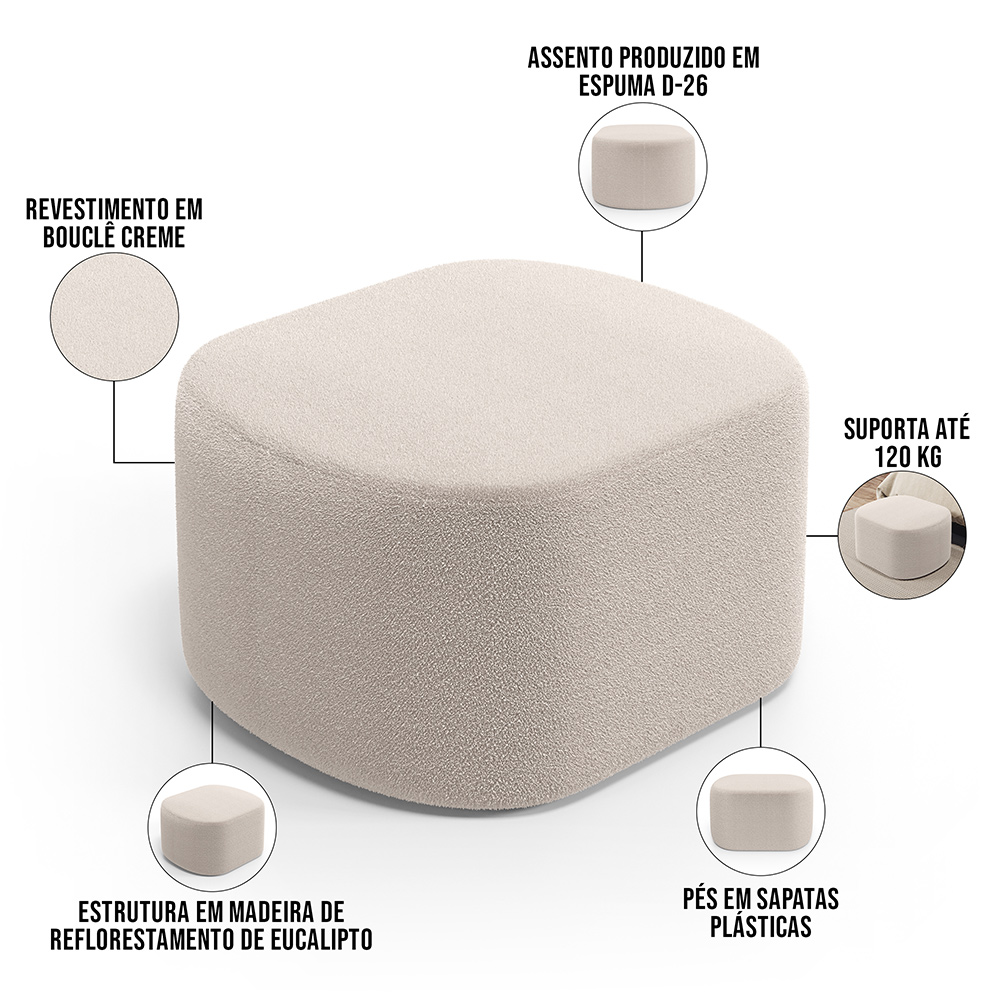 Kit 2 Puffs Decorativos Orgânico para Living Quarto 70cm Doha W01 Bouclê Creme - Lyam Decor