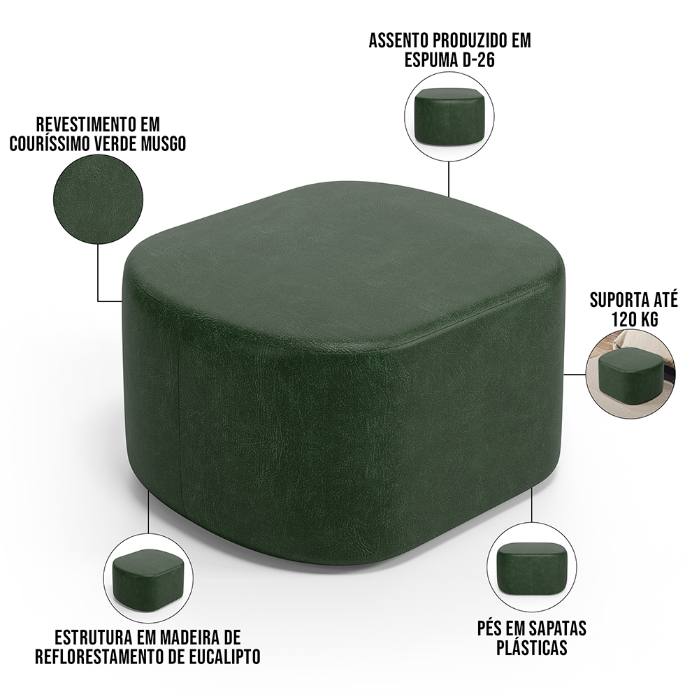 Kit 2 Puffs Decorativos Orgânico para Living Quarto 70cm Doha W01 Couríssimo Verde Musgo - Lyam Decor
