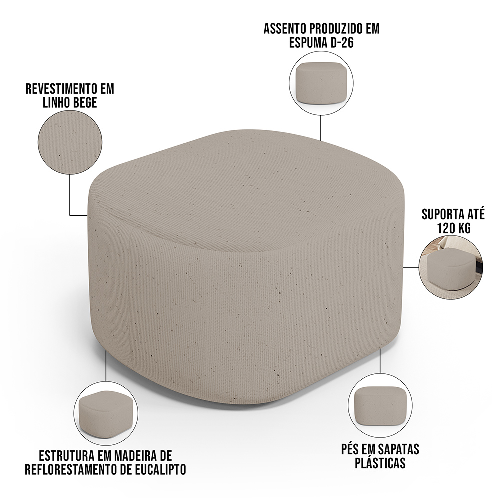 Kit 2 Puffs Decorativos Orgânico para Living Quarto 70cm Doha W01 Linho Bege - Lyam Decor