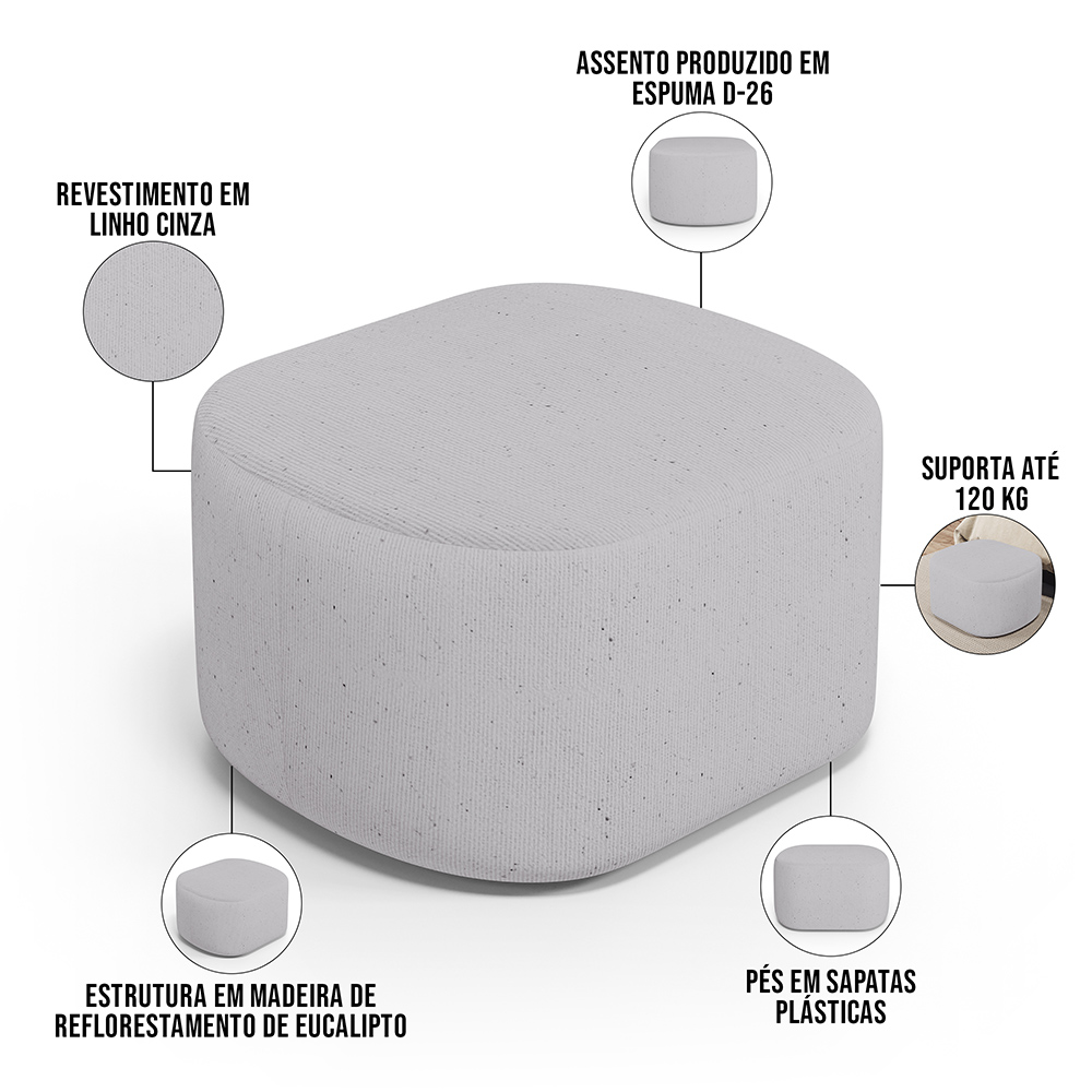 Kit 2 Puffs Decorativos Orgânico para Living Quarto 70cm Doha W01 Linho Cinza - Lyam Decor