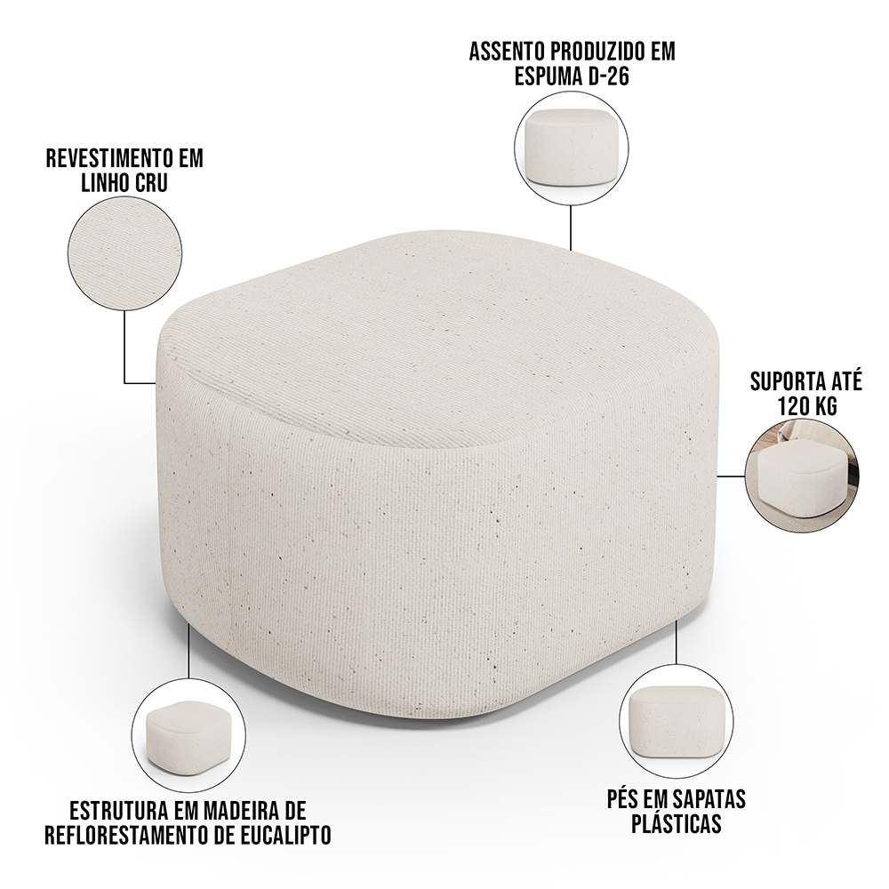 Kit 2 Puffs Decorativos Orgânico para Living Quarto 70cm Doha W01 Linho Cru - Lyam Decor