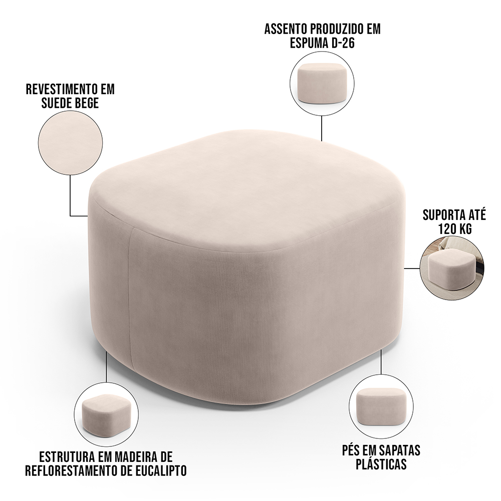 Kit 2 Puffs Decorativos Orgânico para Living Quarto 70cm Doha W01 Suede Bege - Lyam Decor
