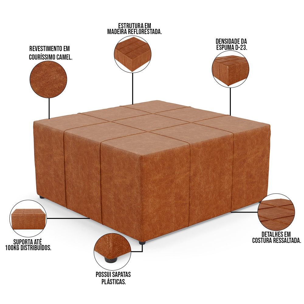 Kit 2 Puffs Decorativos Para Sala de Estar Quadrado Milano 90x90cm W01 Couríssimo Camel - Lyam Decor