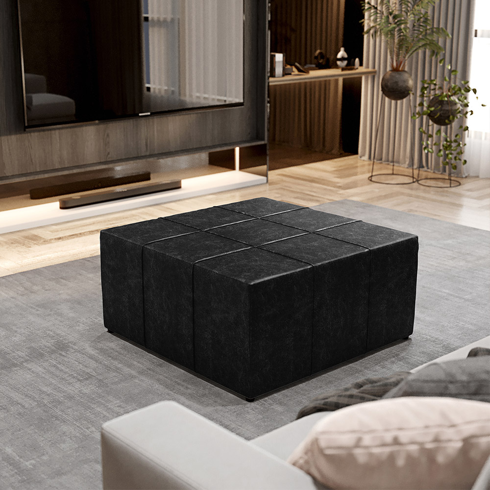 Kit 2 Puffs Decorativos Para Sala de Estar Quadrado Milano 90x90cm W01 Couríssimo Preto - Lyam Decor