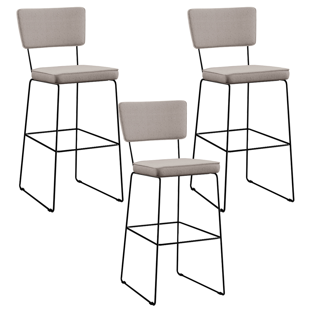 Kit 3 Banquetas Alta Para Cozinha Sala De Jantar Base em Aço Fixa Allana L02 Linho Bege - Lyam Decor